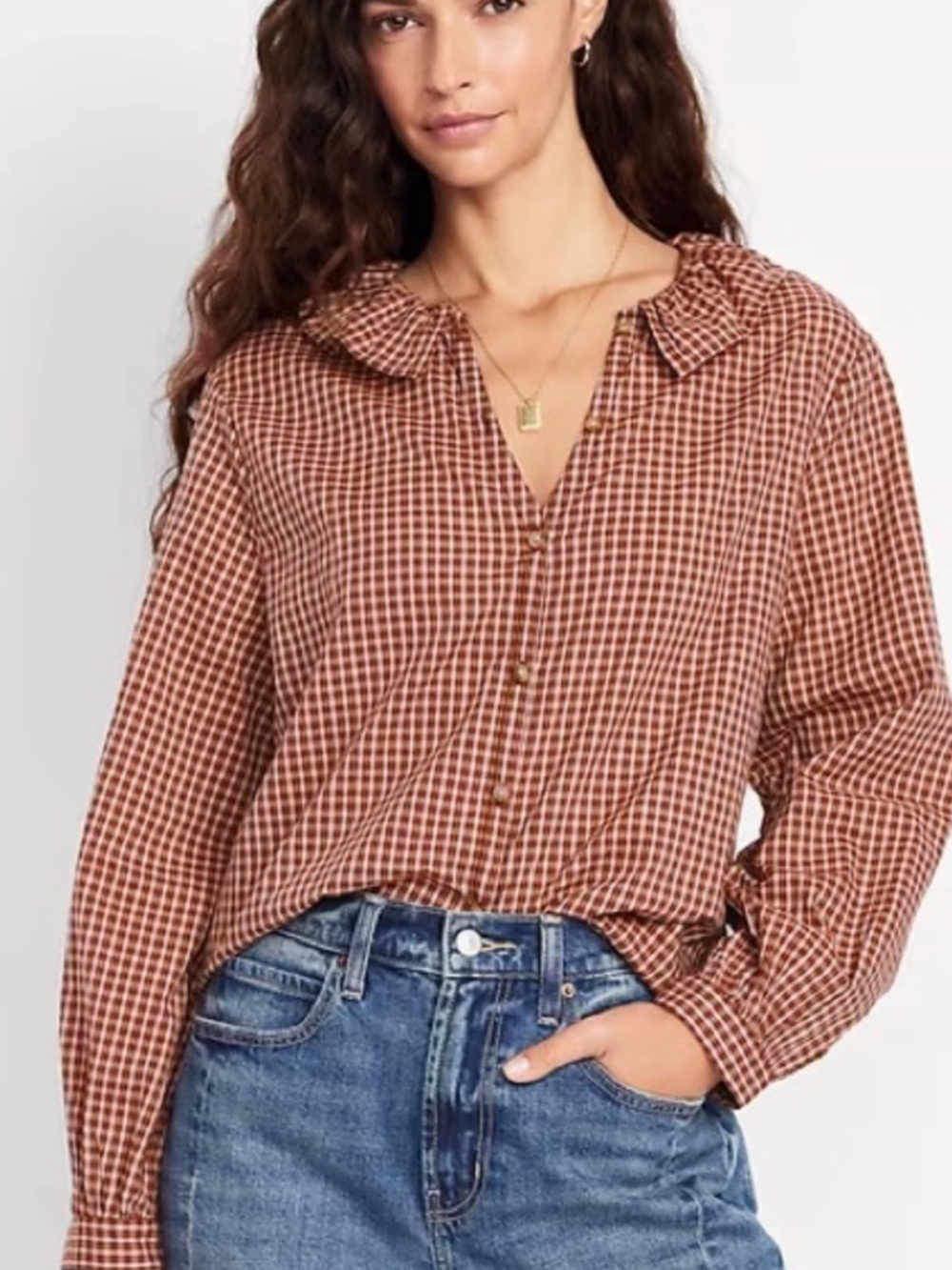 Old Navy Women’s Gingham Ruffle Collar Button Down Shirt Medium